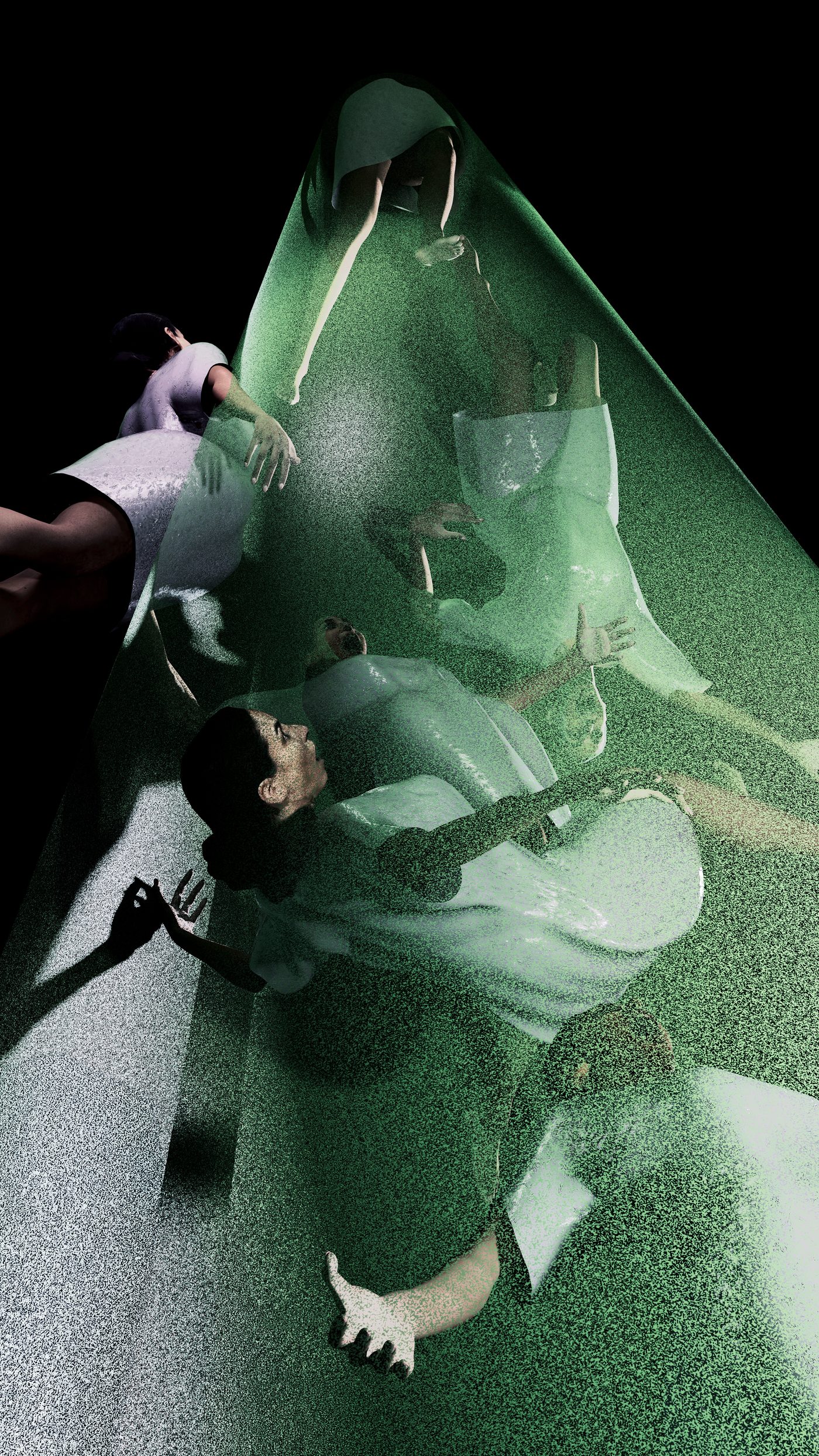 Abduction — figures in pale robes suspended and rising within a cone of green light, one face turned upward, hands reaching.