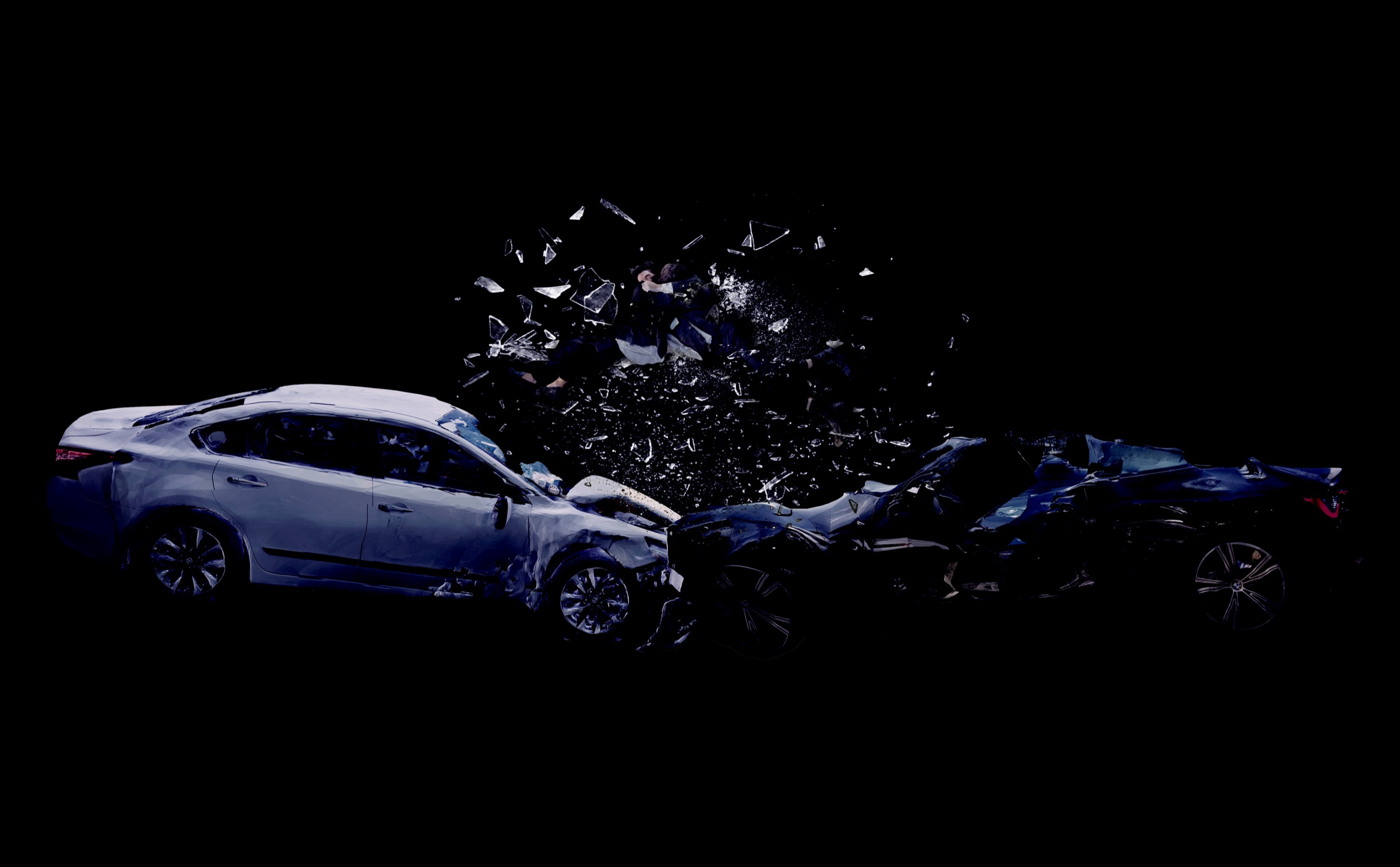 Two cars suspended at the instant of collision, drivers thrown through the windscreens and entangled mid-air amid glass shards, on black.