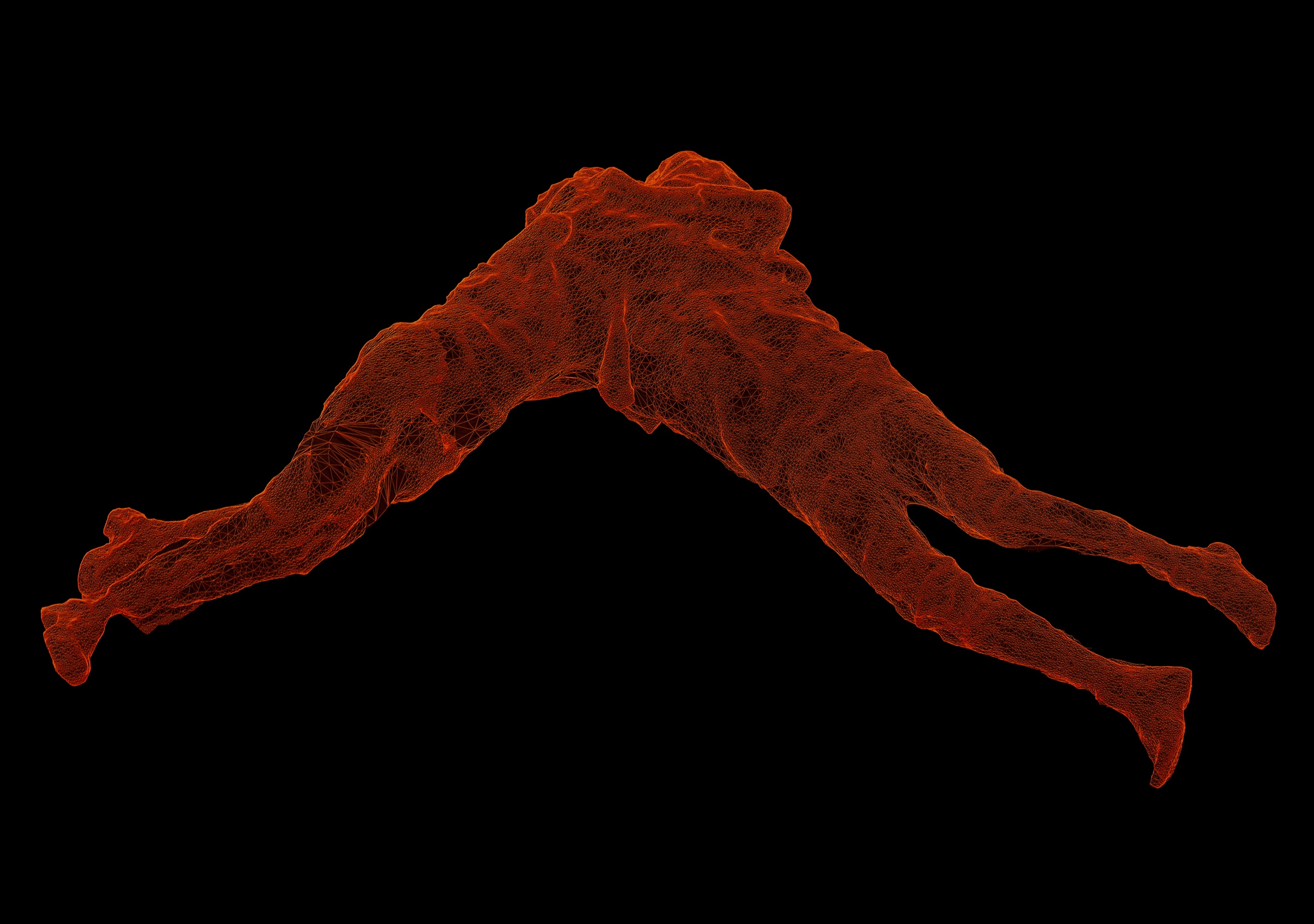 The two drivers rebuilt as a single luminous orange photogrammetric wireframe, entangled and falling together mid-air, on black.