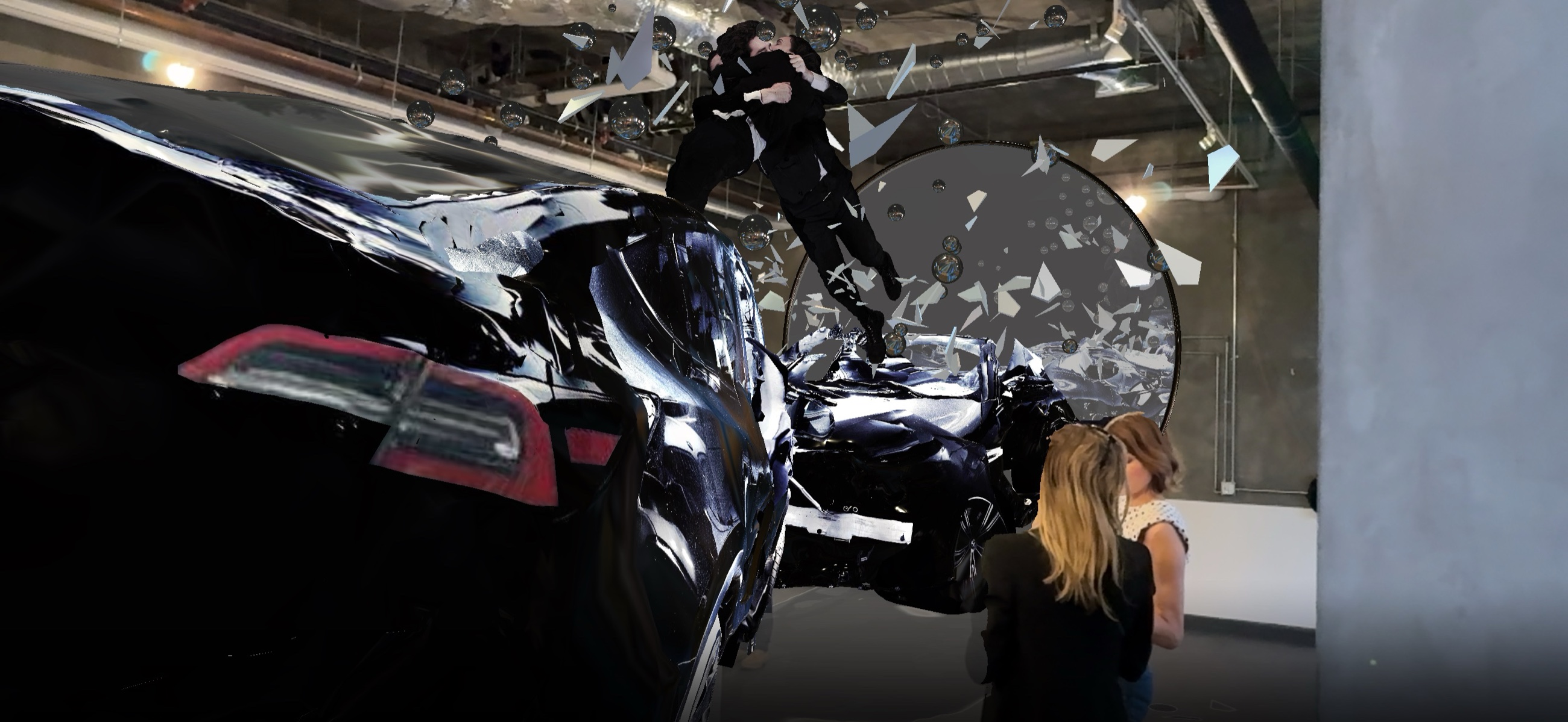 A low side angle of Encounter in the West Hollywood space—the long wreck running out from the mirror, a driver thrown above it, a visitor watching.