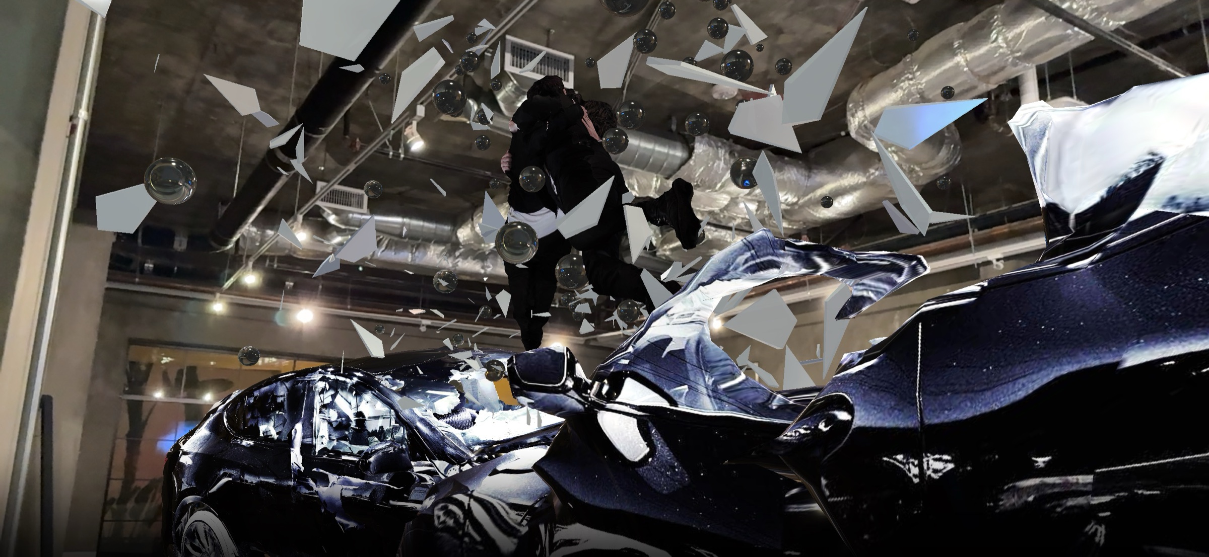 The wreck of the Mirror Version suspended above the floor, seen in augmented reality in Los Angeles.