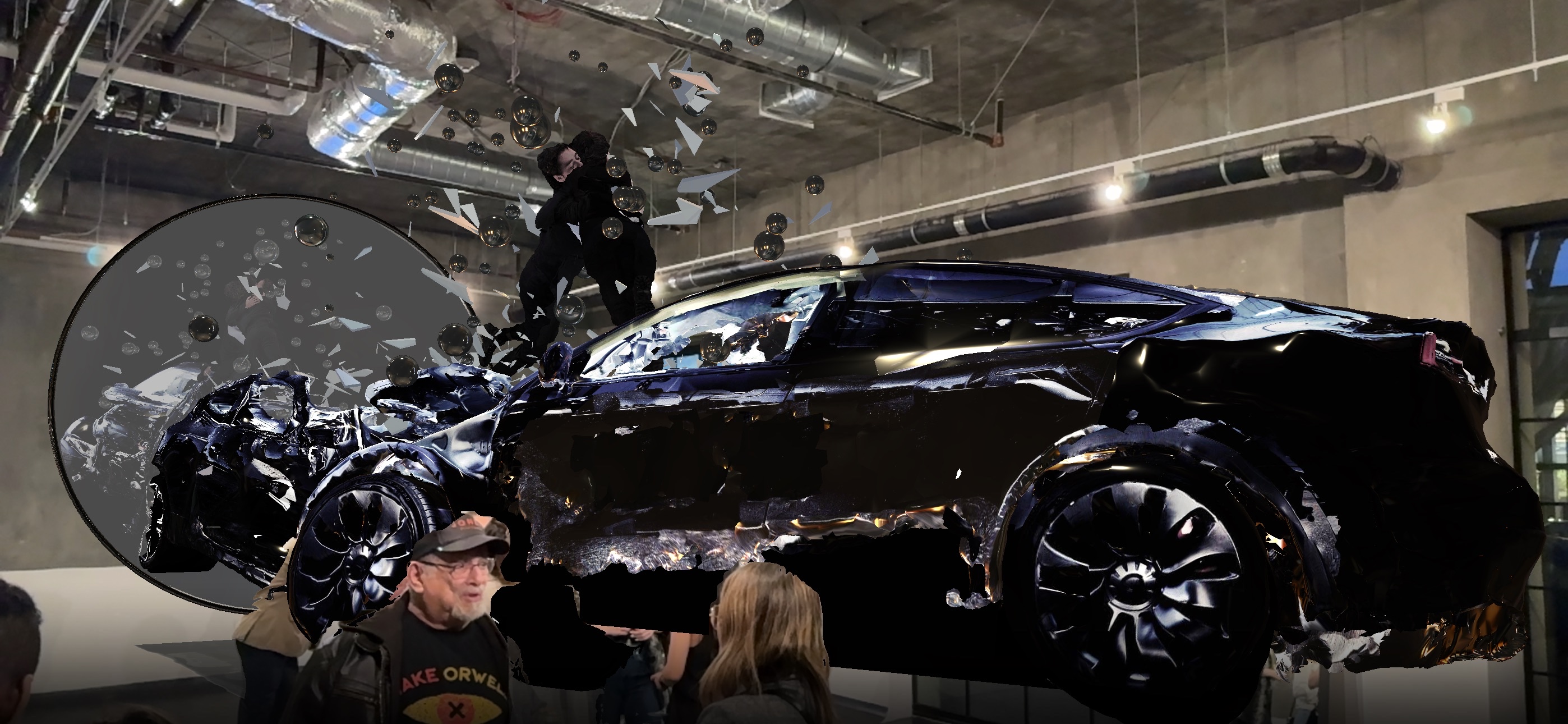 Encounter at West Hollywood project space—the crash bursting from a large mirror set at one end of the work, in augmented reality.