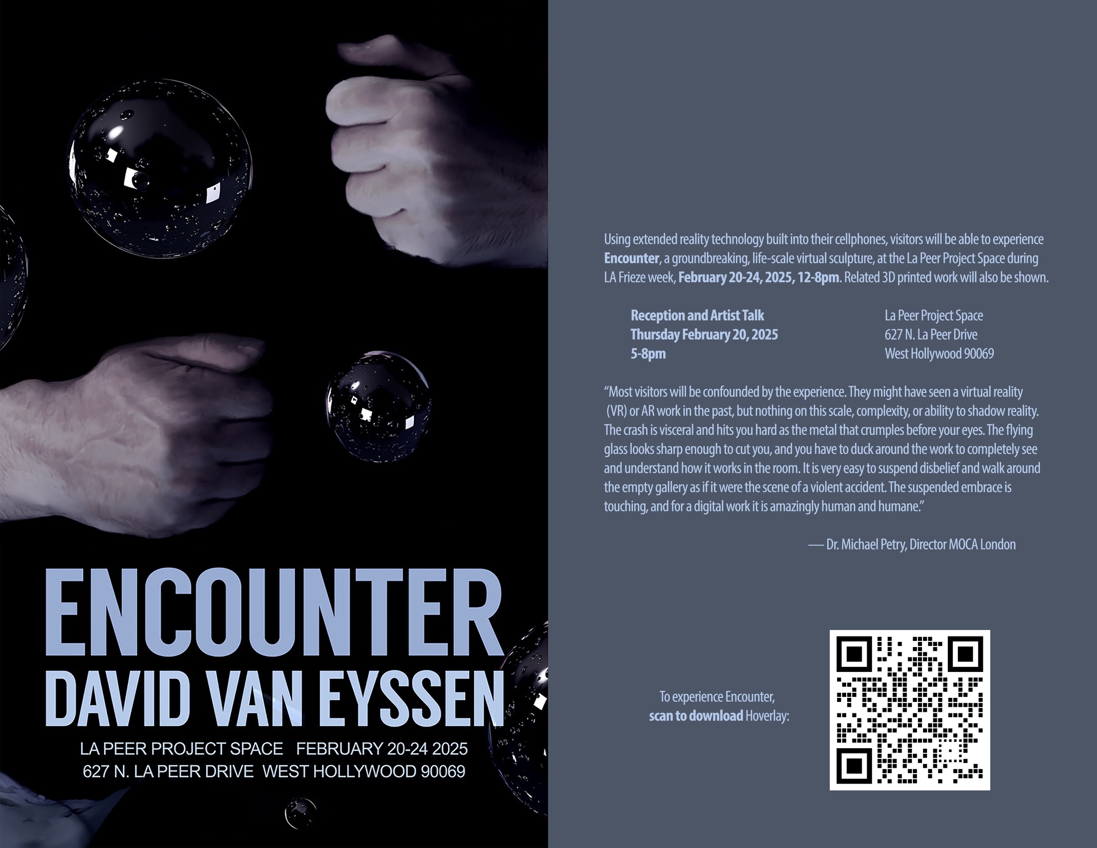 The West Hollywood project space invitation for Encounter, mirrored spheres held in two hands.
