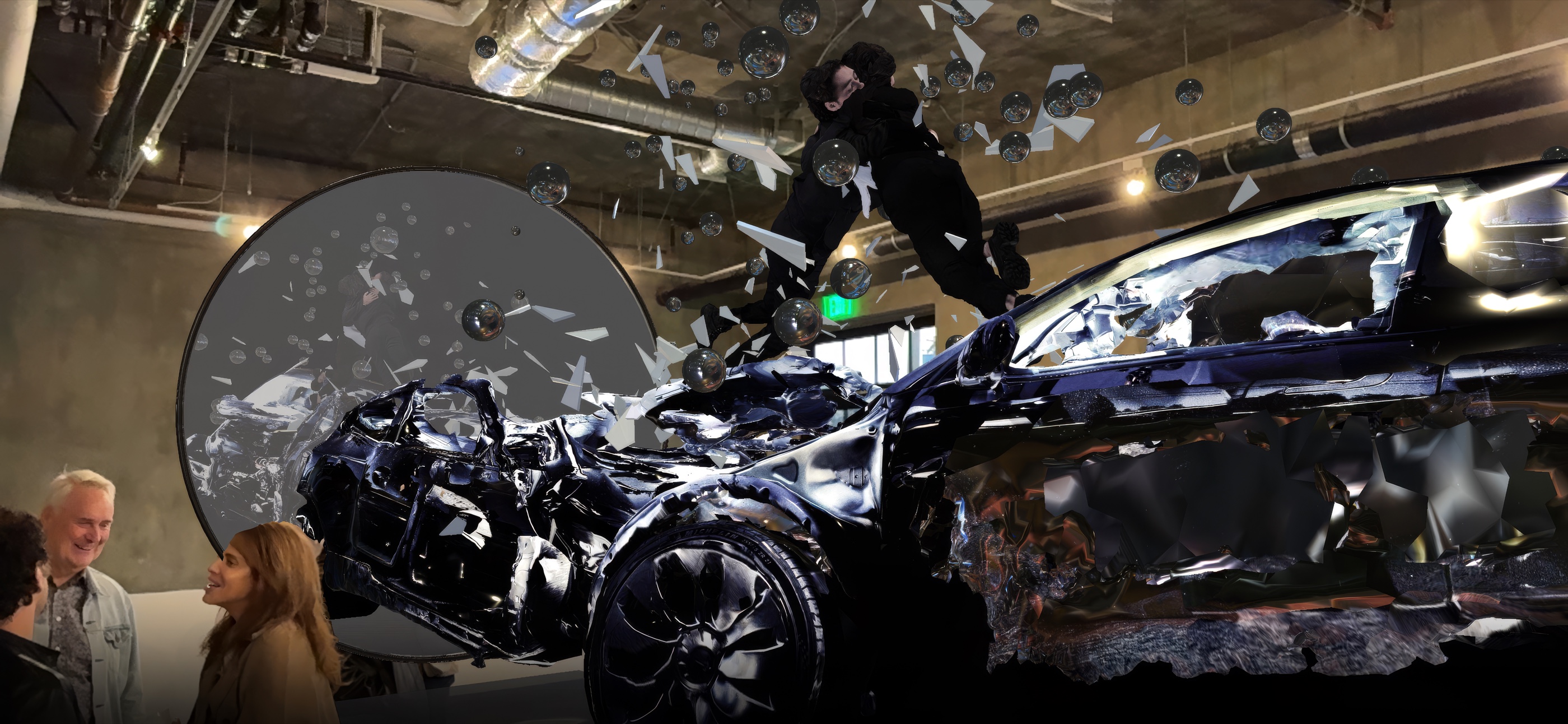 The life-scale crash suspended in the West Hollywood space, a large circular mirror standing at one end and doubling the wreck.