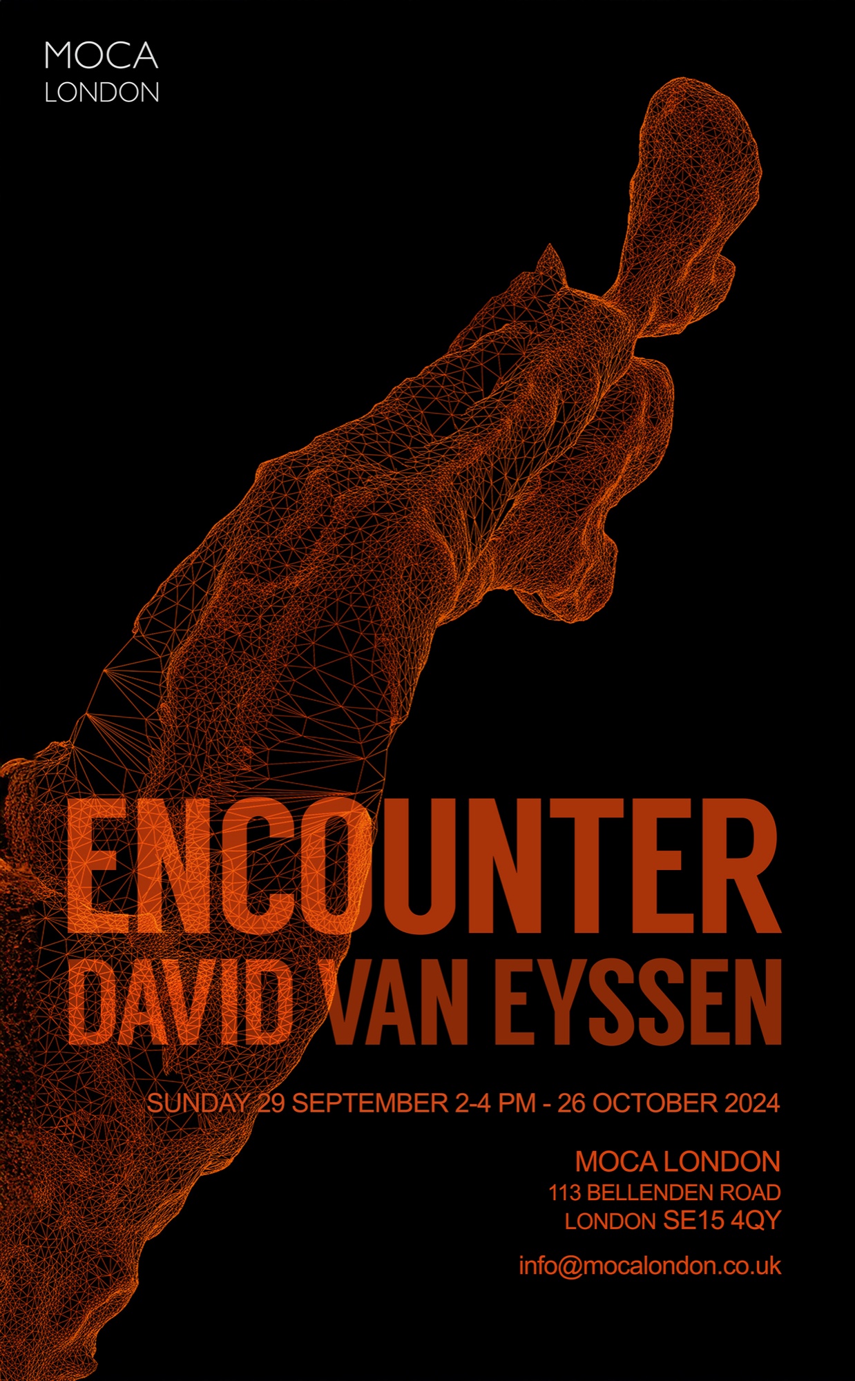 The MOCA London invitation for Encounter, the figures rendered in orange wireframe on black.