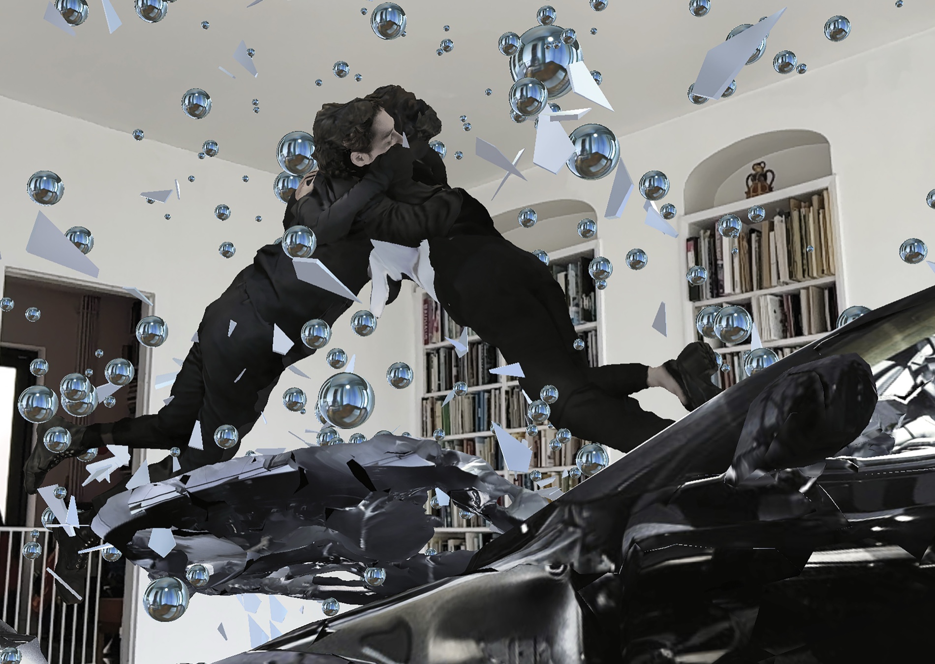 The two drivers embracing mid-air amid mirrored spheres, in augmented reality at MOCA London.