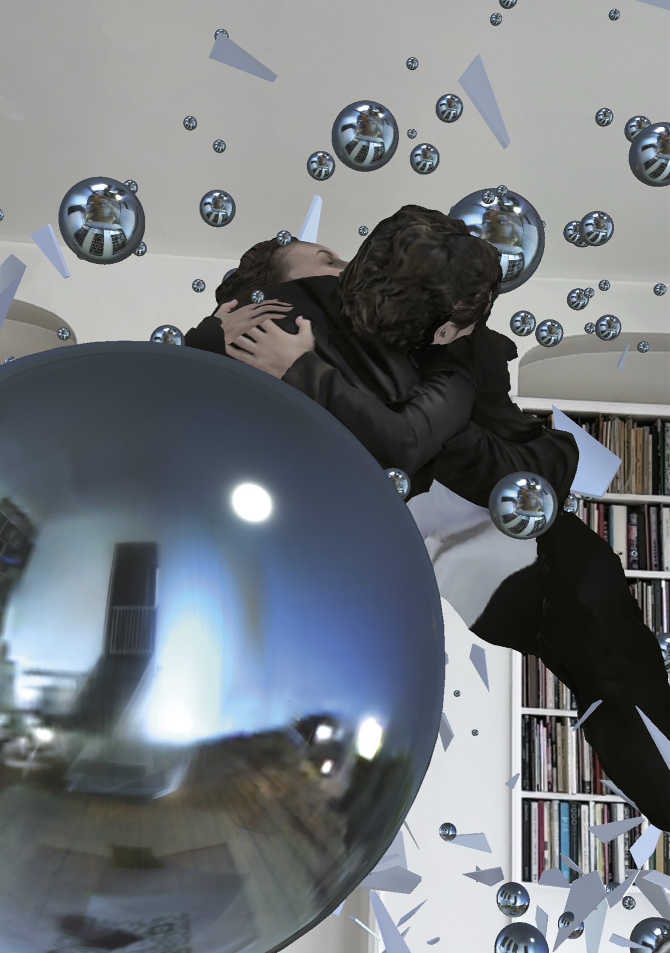 The suspended embrace behind a large mirrored sphere, seen in augmented reality at MOCA London.