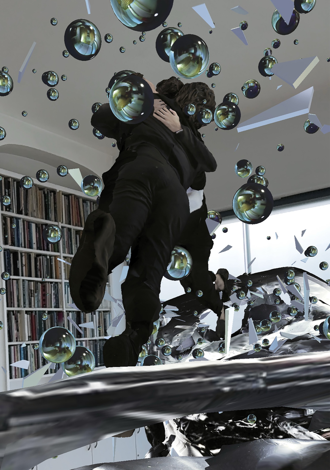The two drivers entangled in an embrace amid iridescent spheres, in augmented reality at MOCA London.
