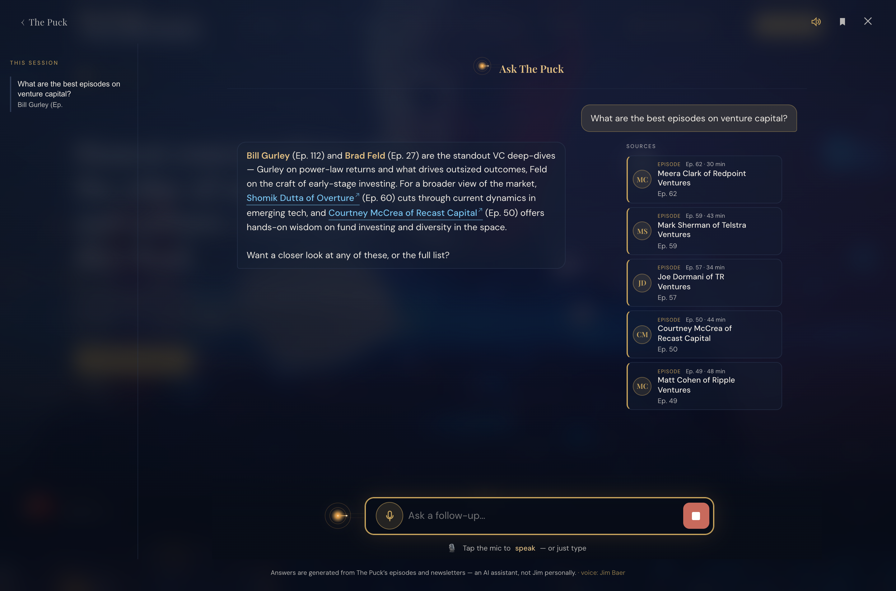 Ask The Puck answering with cited source-episode cards and spoken replies on — the footer reads 'voice: Jim Baer'.