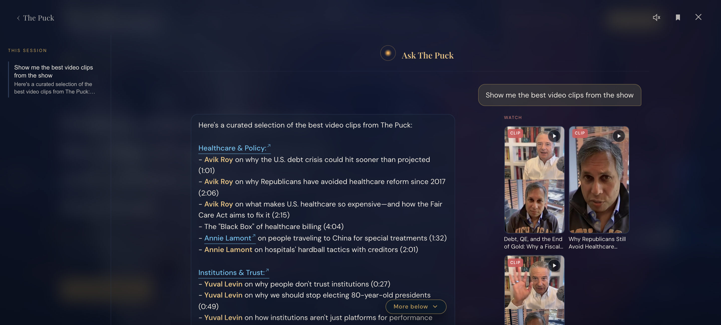 Ask The Puck returning a curated, timestamped list of video clips with a Watch rail of playable clip thumbnails.